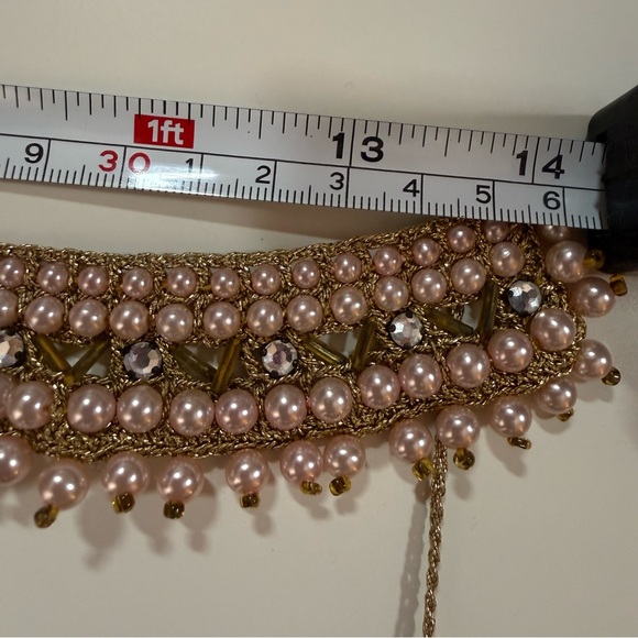 Vintage 1940’s Art deco Pink glass pearl Gold crochet Peter Pan collar with ties - Picture 13 of 17
